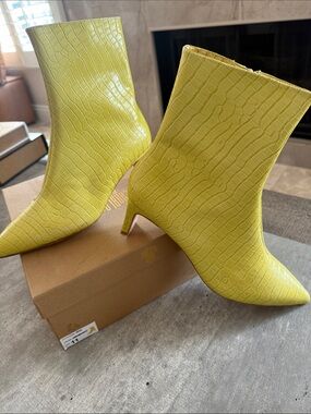 Charlotte Stone Rita Yellow Croc-Embossed Pointed Toe Ankle Booties